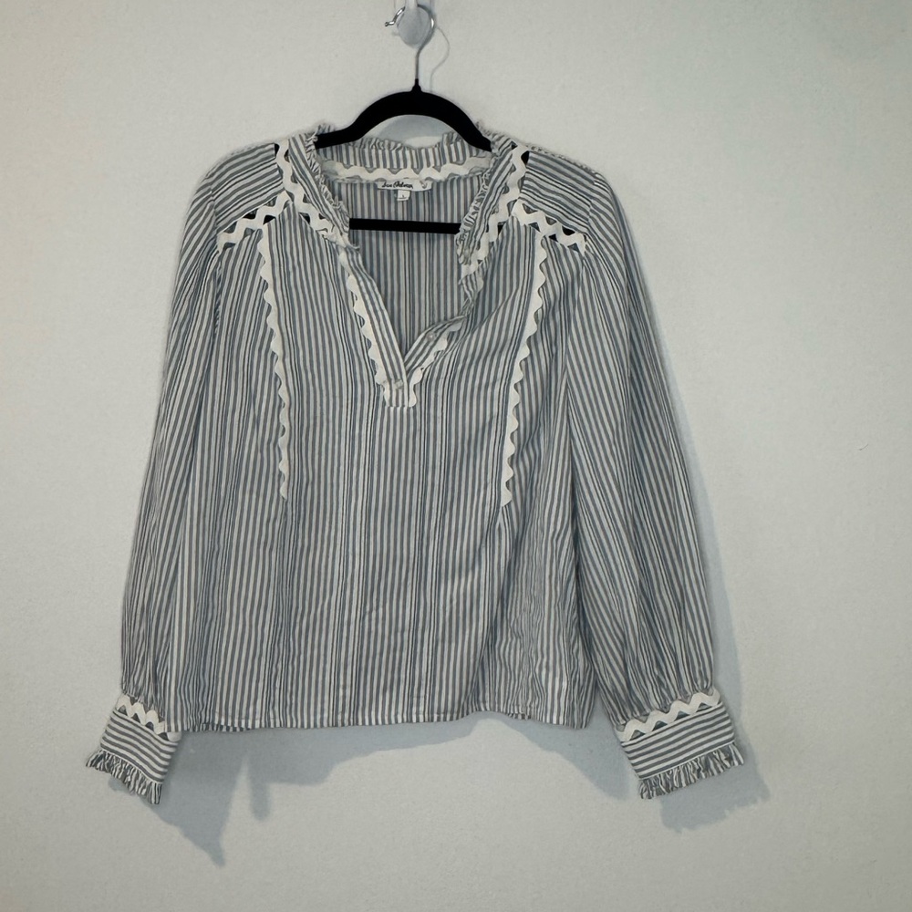 Sam Edelman Blue White Striped Ruffle Trim Long Sleeve Blouse Size L